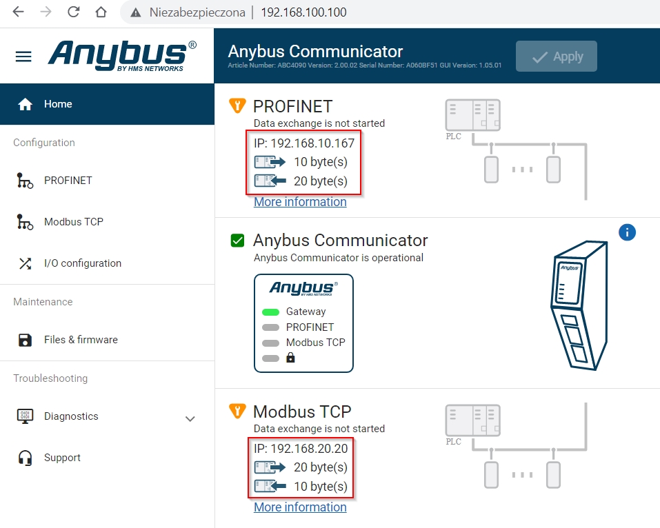 Komunikacja PLC Siemens a z Profinetem z urządzeniem z Modbus TCP