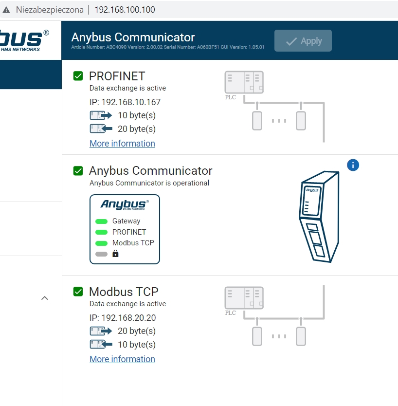 Komunikacja PLC Siemens a z Profinetem z urządzeniem z Modbus TCP